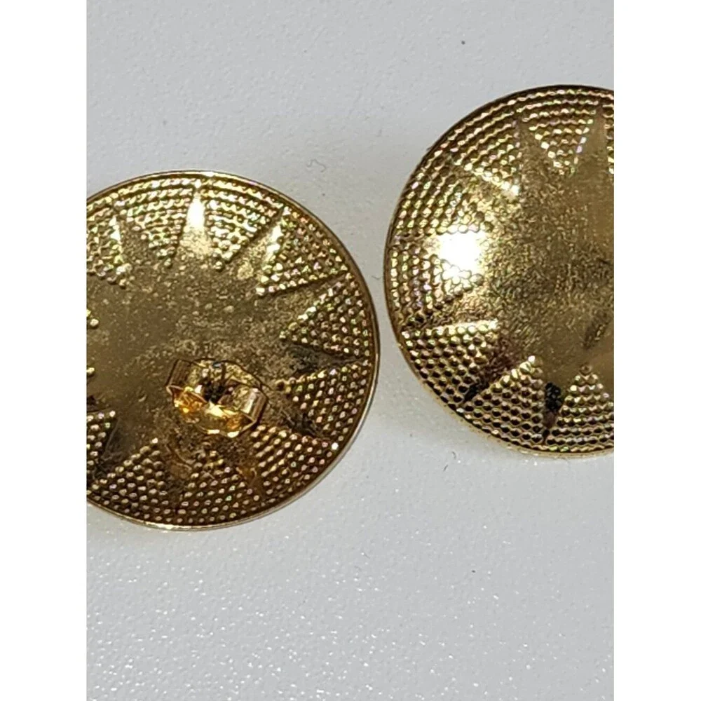 Gold Textured Round Earrings with Sunburst Detail, 1